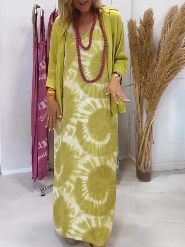 Women's Casual V-neck Sleeveless Dress with Cardigan Two-piece Suit