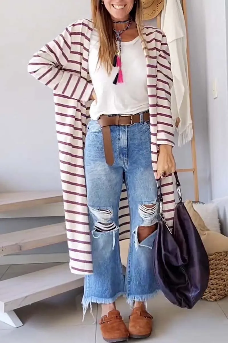 Women's casual loose striped knitted cardigan